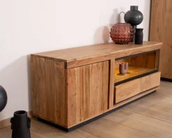 Discount Meuble TV 145 cm contemporain en acacia avec liserés noirs