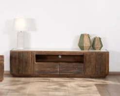 Hot Meuble TV 180 cm en bois recyclé et plateau marbre blanc