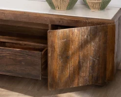 Hot Meuble TV 180 cm en bois recyclé et plateau marbre blanc