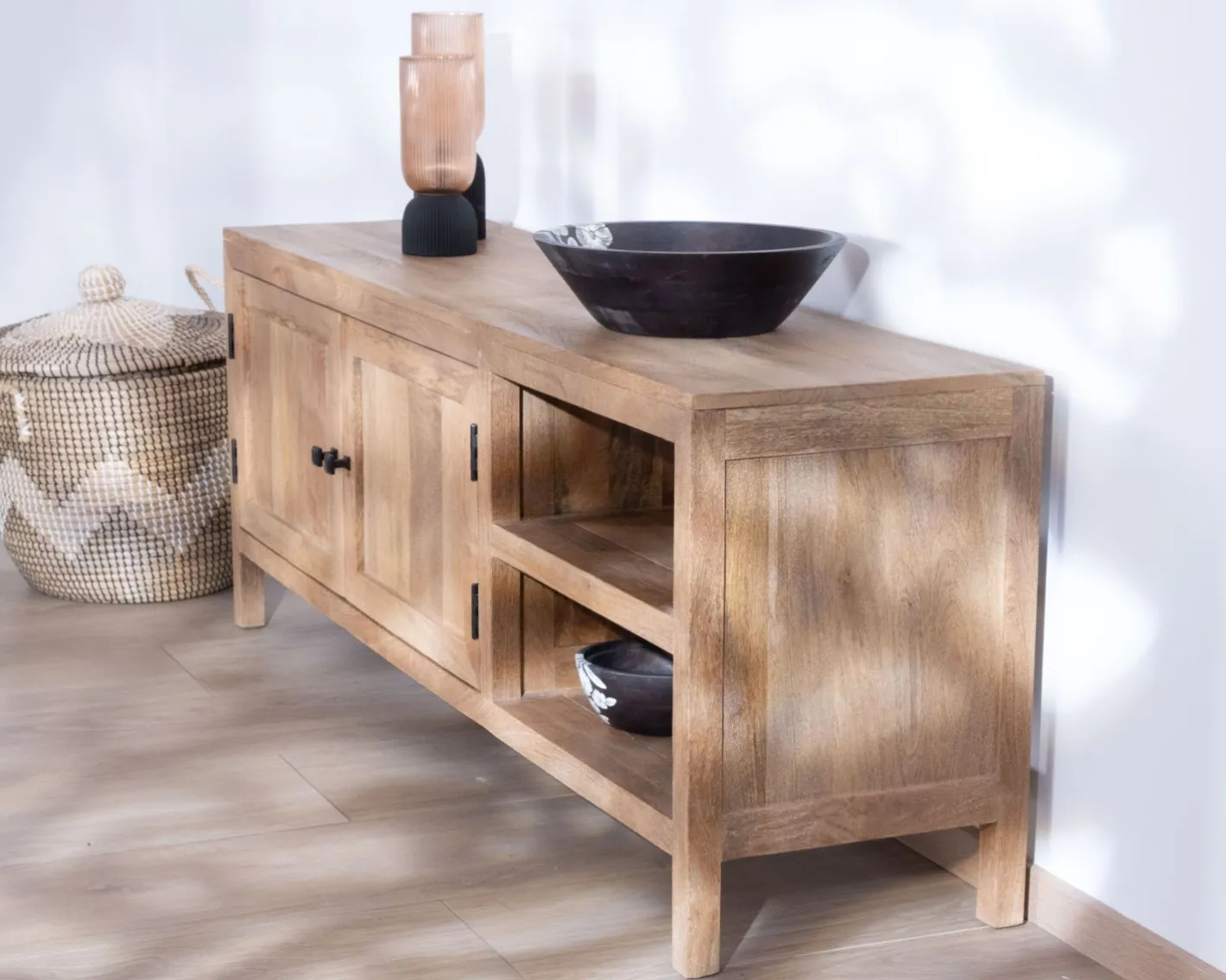 Clearance Meuble TV 160 cm en manguier "Maestro" avec double porte Meuble Télé