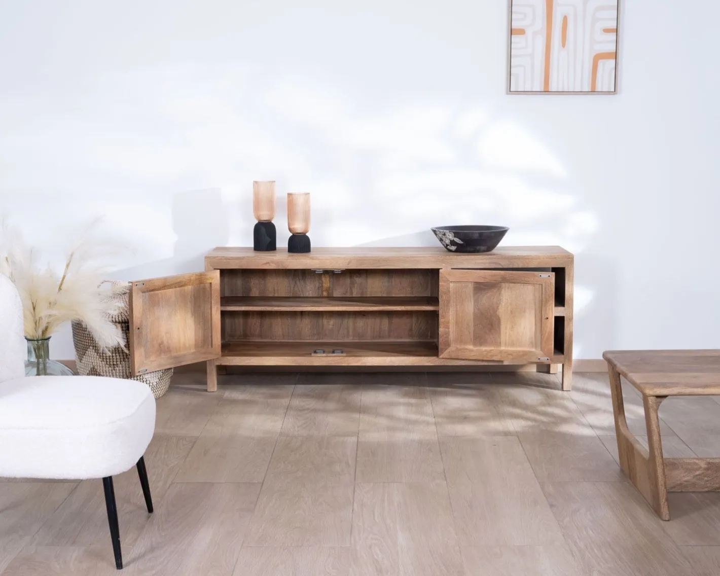 Clearance Meuble TV 160 cm en manguier "Maestro" avec double porte Meuble Télé