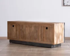 Clearance Meuble TV 150 cm en manguier style épuré "Santo" avec portes et tiroirs Meuble Télé