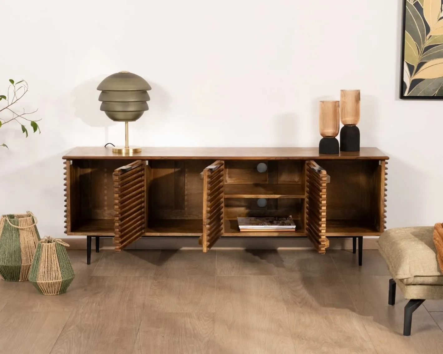 Meuble TV 160cm en teck et manguier et pieds métal noir "Sheffield" Meuble Télé