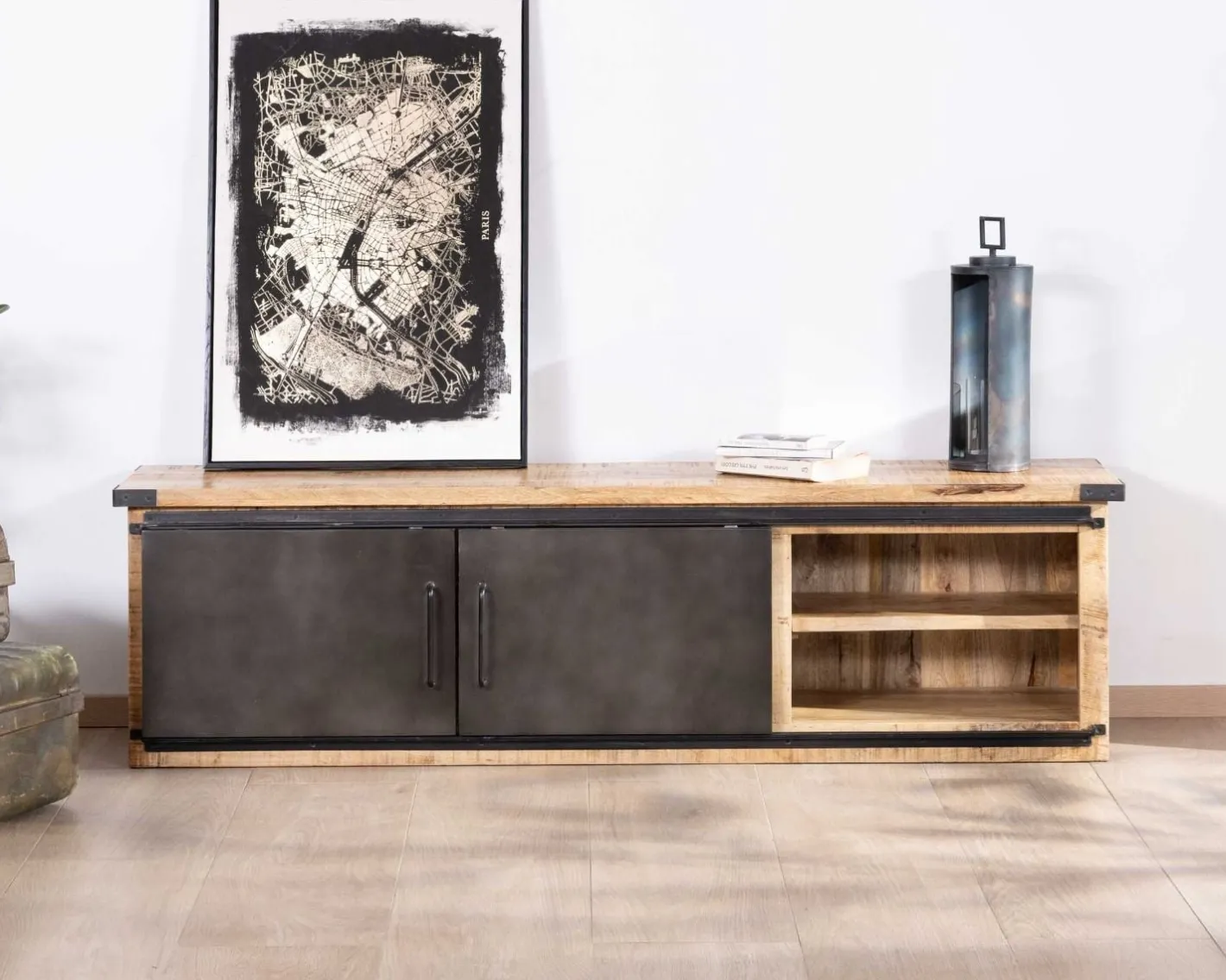 Online Meuble TV 180 cm à portes coulissantes métal et bois "Caractère" Meuble Télé