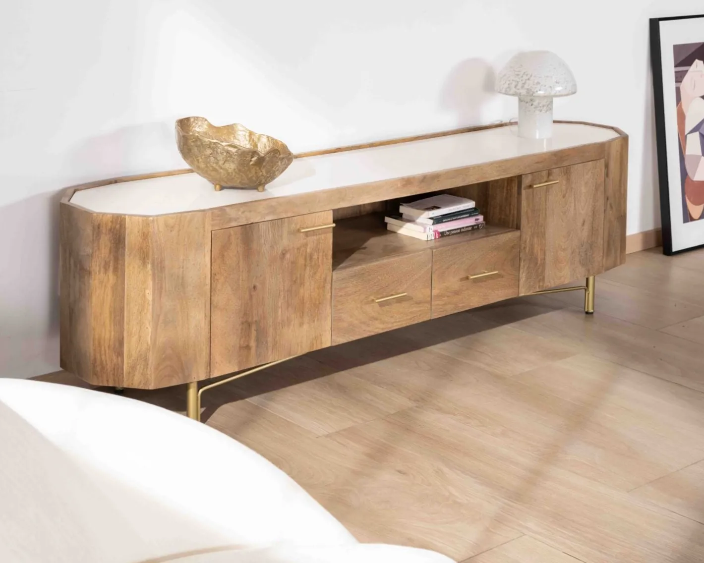 Online Meuble TV 180 cm rétro-chic avec plateau en terrazzo blanc "Bruges" Meuble Télé