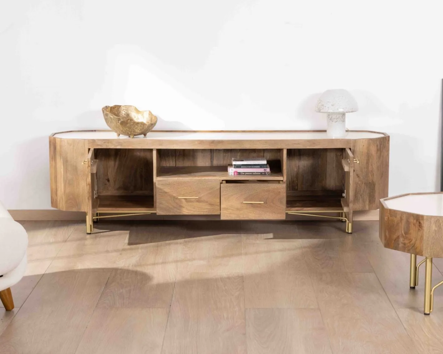 Online Meuble TV 180 cm rétro-chic avec plateau en terrazzo blanc "Bruges" Meuble Télé