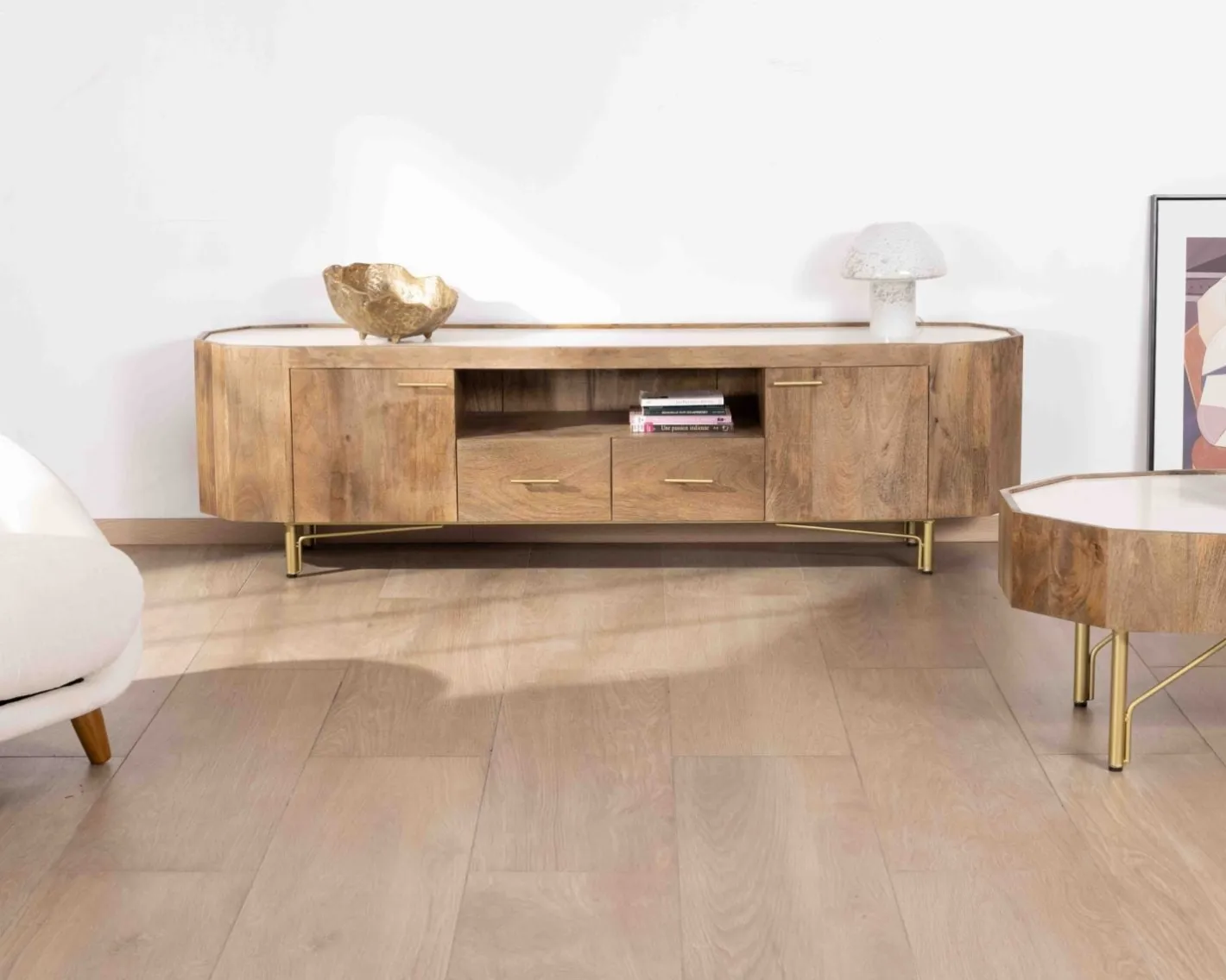 Online Meuble TV 180 cm rétro-chic avec plateau en terrazzo blanc "Bruges" Meuble Télé
