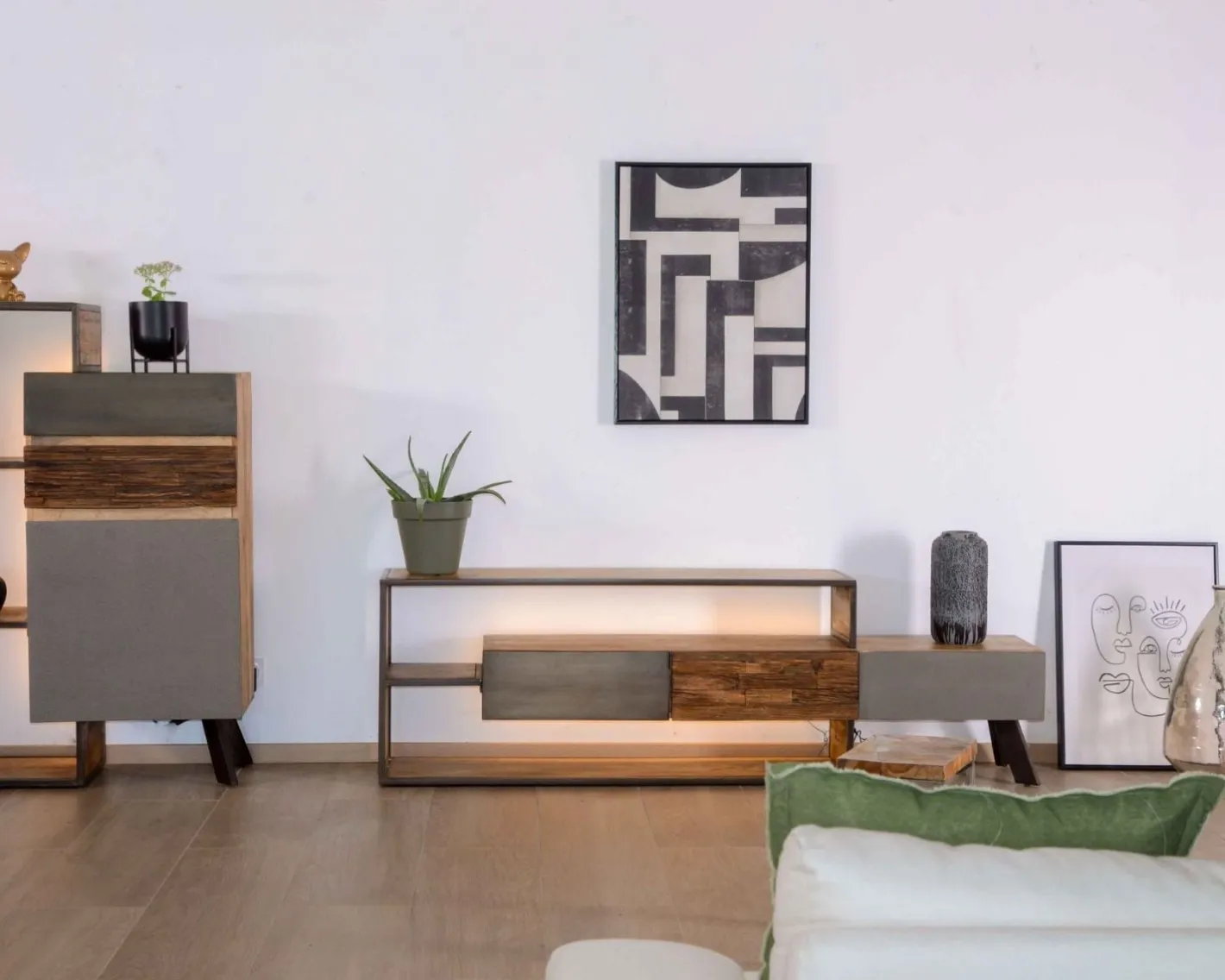 Discount Meuble TV contemporain multi matériaux avec éclairage LED "Mezzo" Meuble Télé