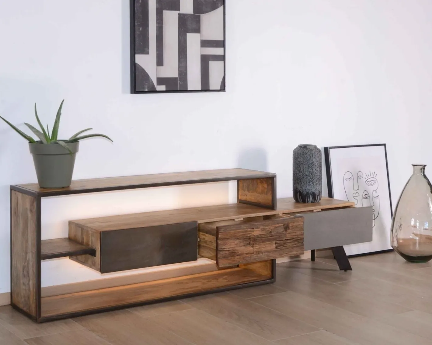 Discount Meuble TV contemporain multi matériaux avec éclairage LED "Mezzo" Meuble Télé