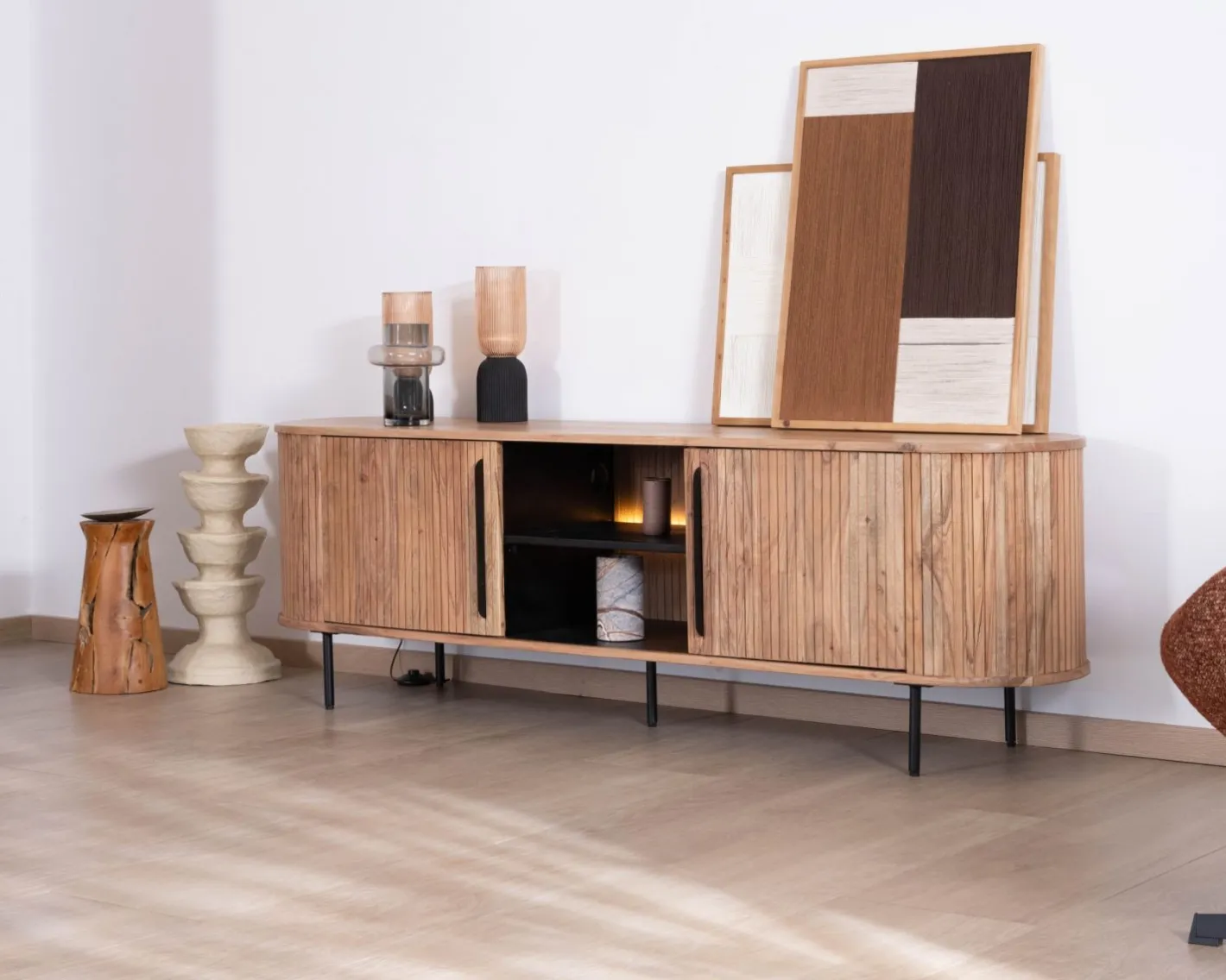 Outlet Meuble TV design rétro 175 cm "Bopee" avec éclairage LED Meuble Télé