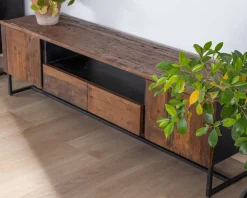 Sale Meuble TV industriel 175 cm acacia et métal noir