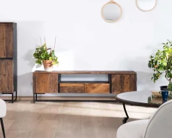 Sale Meuble TV industriel 175 cm acacia et métal noir