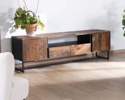 Sale Meuble TV industriel 175 cm acacia et métal noir