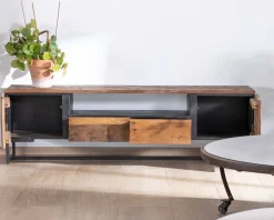Sale Meuble TV industriel 175 cm acacia et métal noir