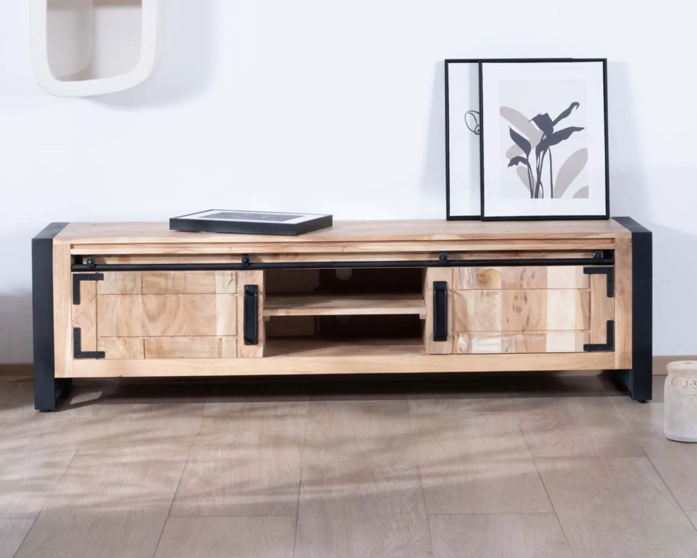 Online Meuble TV industriel 180 cm bois et métal 2 portes 2 niches "Montréal" Meuble Télé