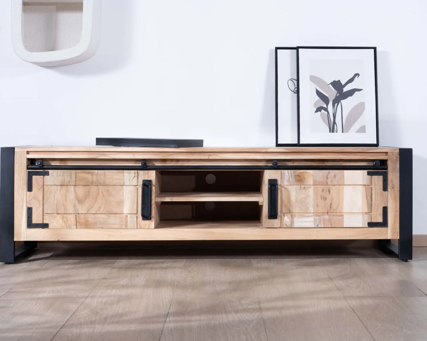 Online Meuble TV industriel 180 cm bois et métal 2 portes 2 niches "Montréal" Meuble Télé