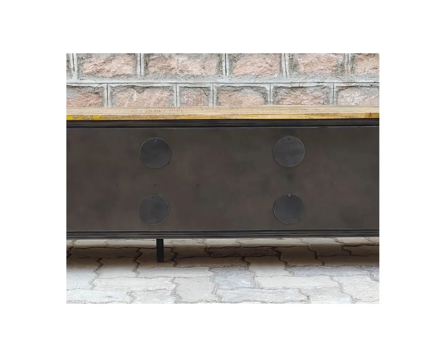 New Meuble TV noir en métal et bois "Dowtoun" style atelier 220 cm Meuble Télé