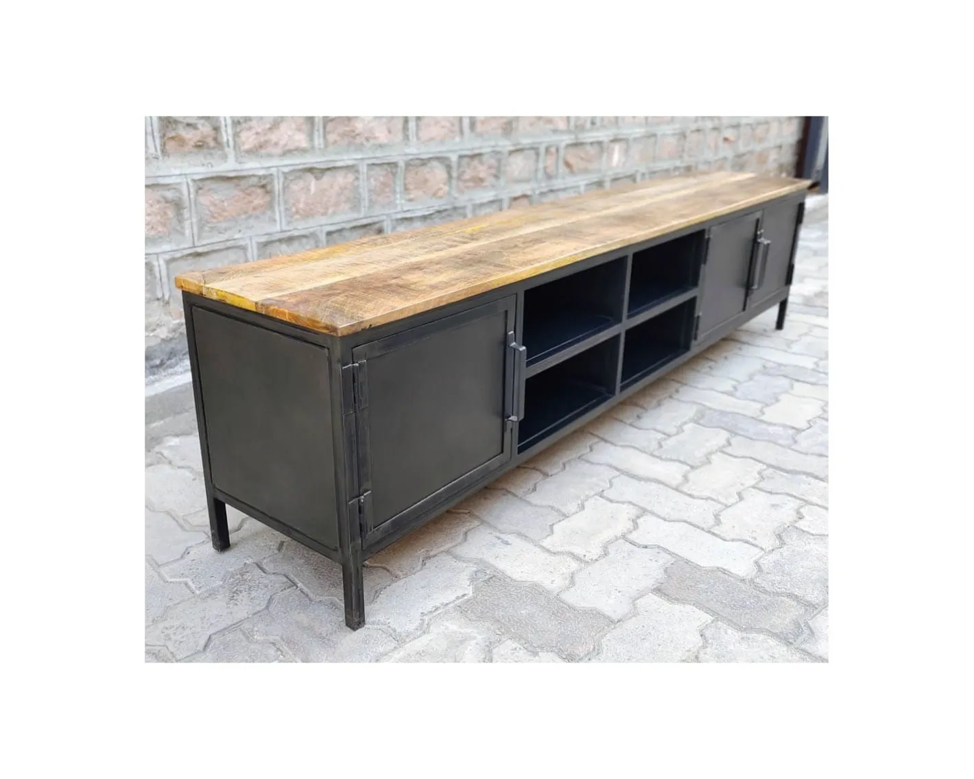 New Meuble TV noir en métal et bois "Dowtoun" style atelier 220 cm Meuble Télé