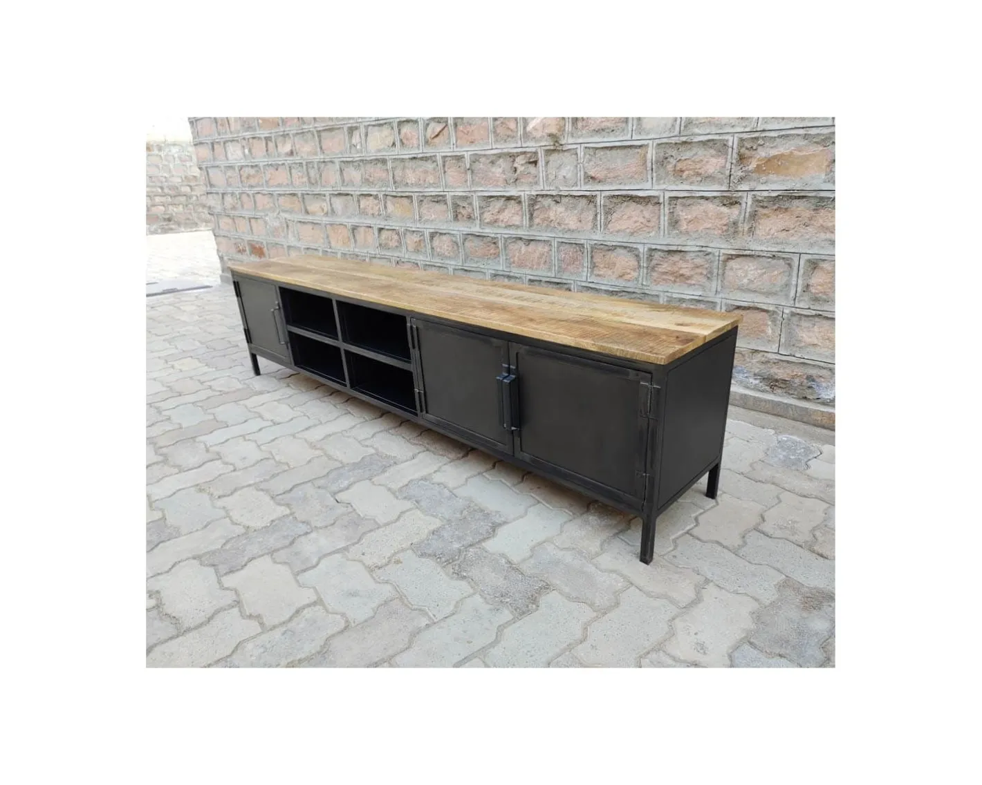 New Meuble TV noir en métal et bois "Dowtoun" style atelier 220 cm Meuble Télé