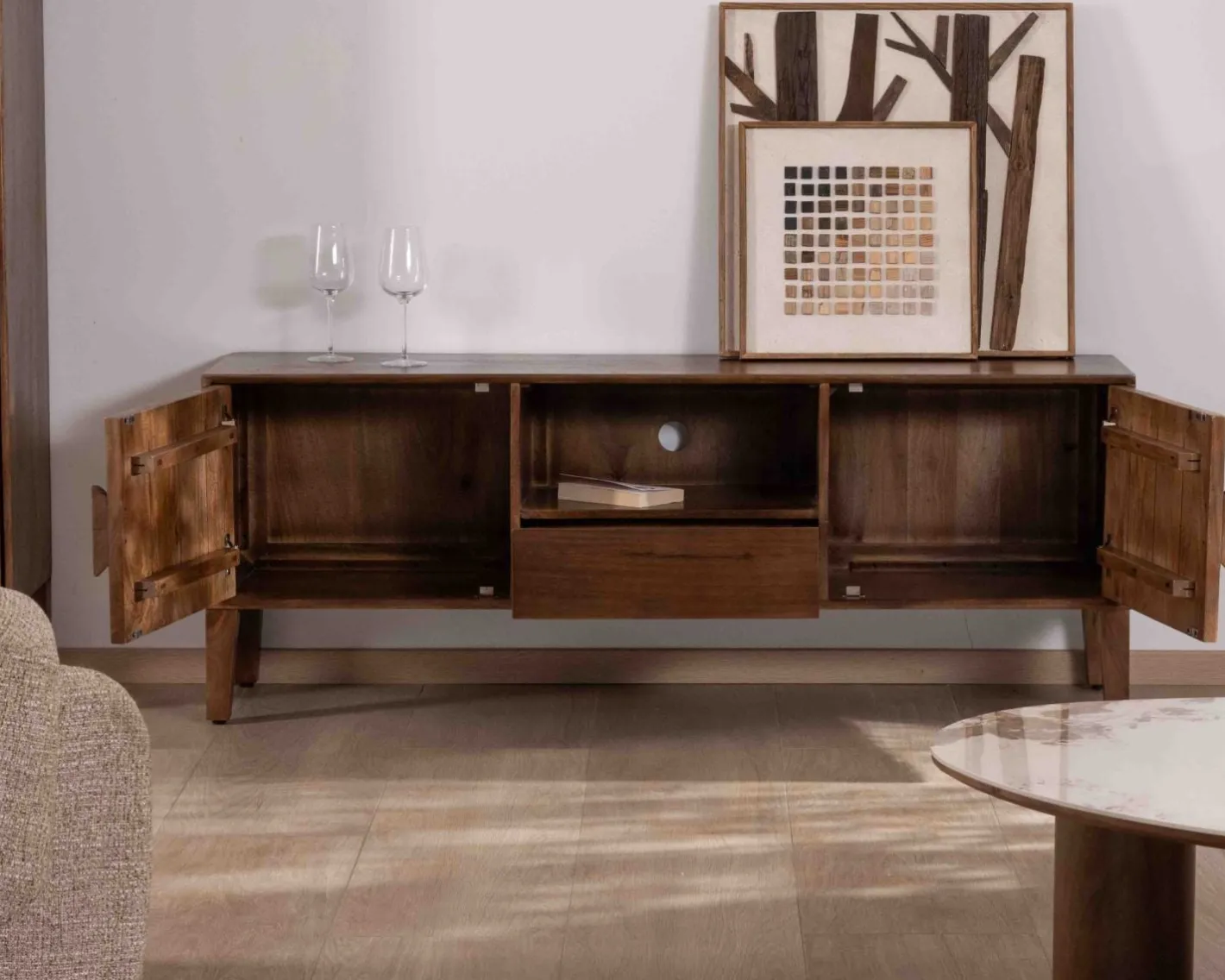 Discount Meuble TV néo-rétro en manguier massif foncé 150 cm "Kaldo" Meuble Télé