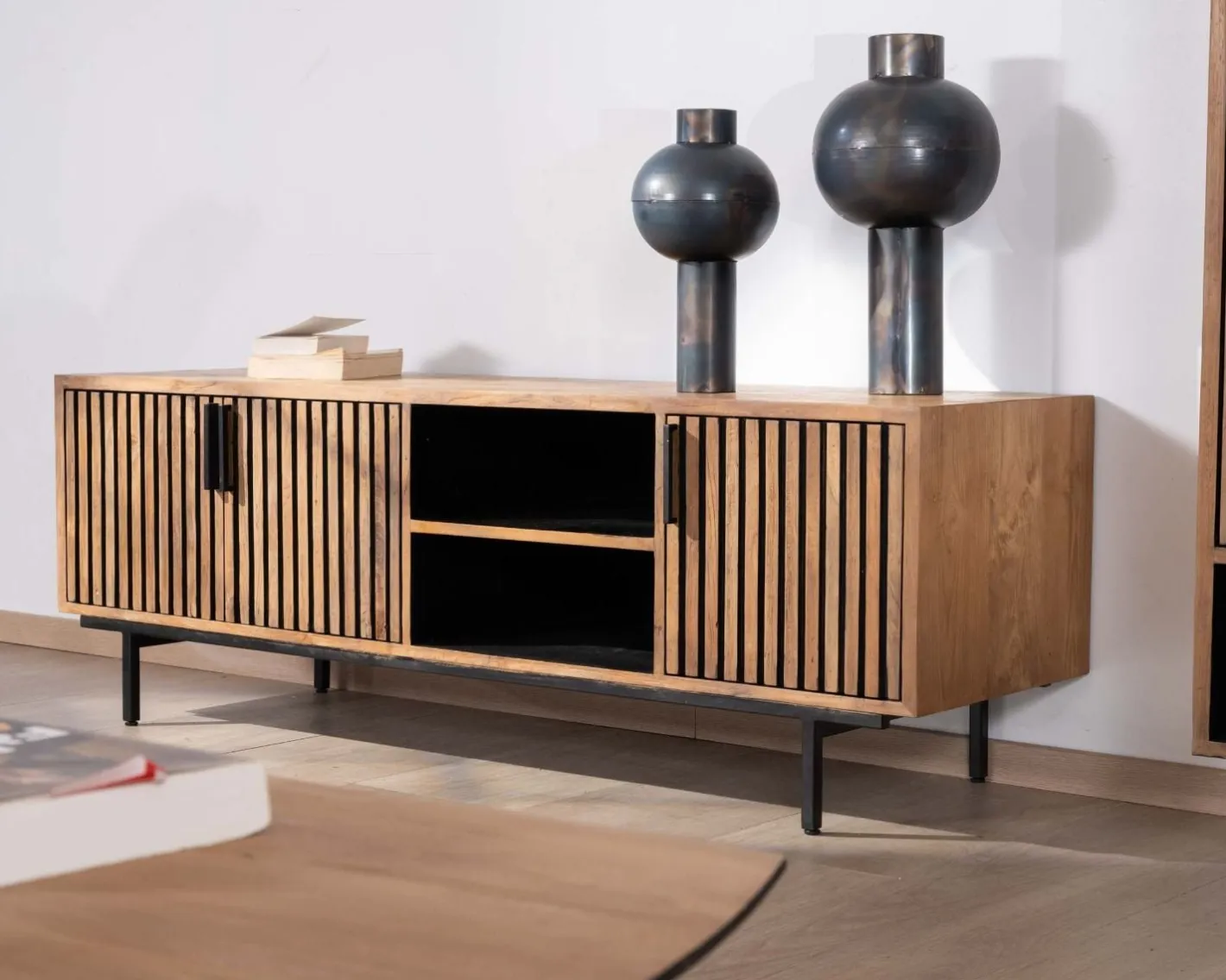 Clearance Meuble TV 3 portes en teck style rétro "Opland" 160 cm Meuble Télé