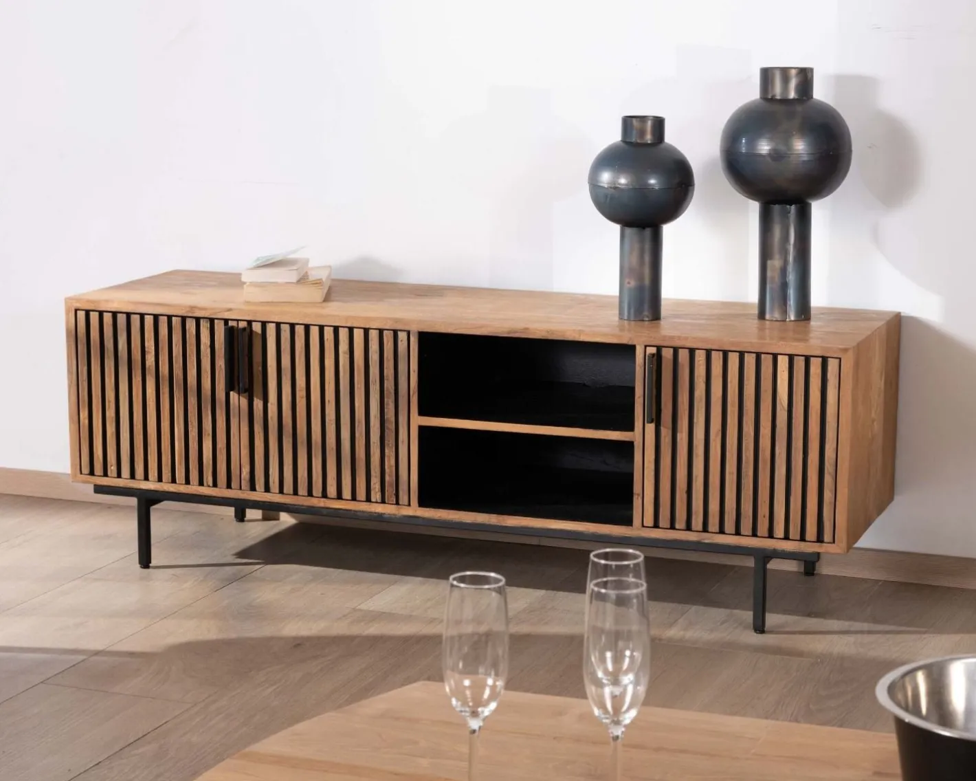 Clearance Meuble TV 3 portes en teck style rétro "Opland" 160 cm Meuble Télé