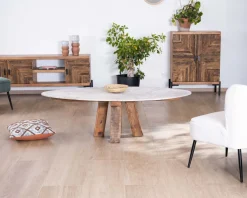 Clearance Meuble TV style ethnique acacia massif et pieds métal "Géonidum" 160cm 3 portes et 2 niches Meuble Télé