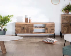 Clearance Meuble TV style ethnique acacia massif et pieds métal