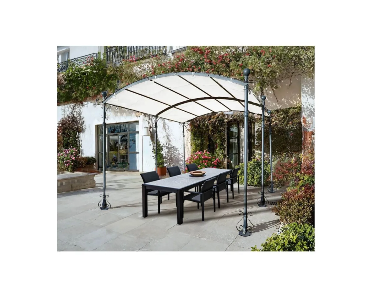 Hot Pergola 6 pieds en métal et toit arrondi "Gardénia" 3m60 x 3m Décoration