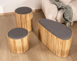 New Petite banquette en bois de teck recyclé et tissu gris