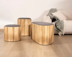New Petite banquette en bois de teck recyclé et tissu gris