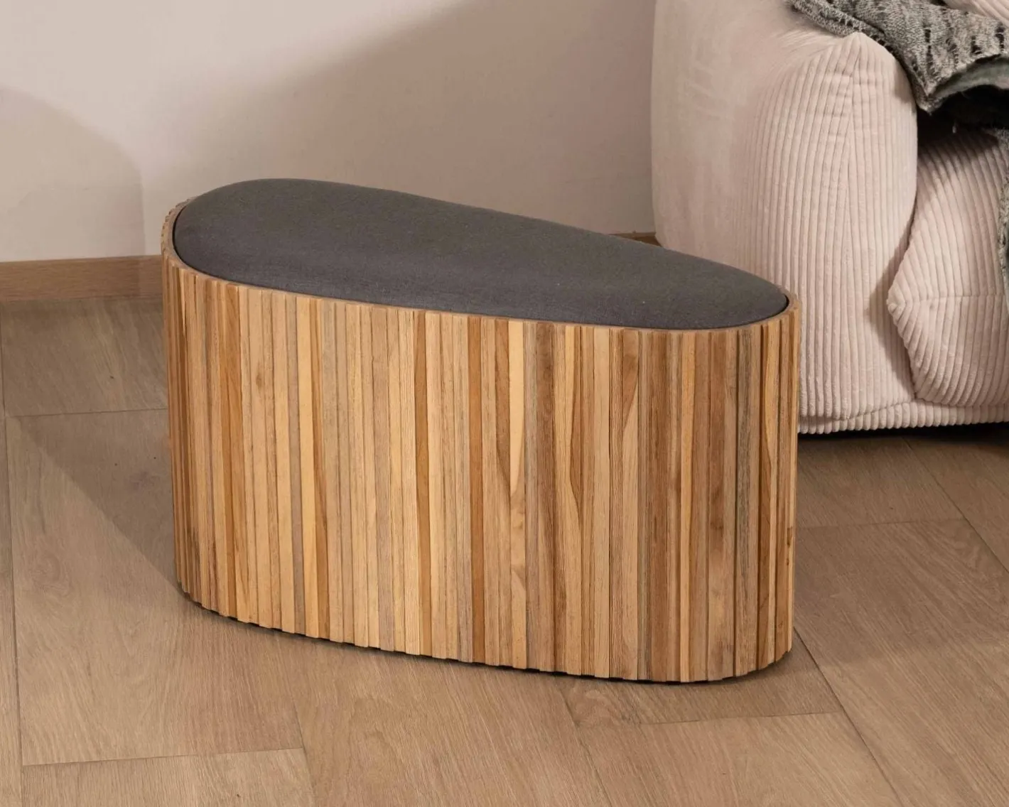 New Petite banquette en bois de teck recyclé et tissu gris "Foster" Banc