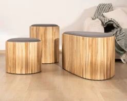 New Petite banquette en bois de teck recyclé et tissu gris