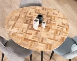 Hot Petite table de repas 3 pieds crayon en métal plateau teck marqueterie "Foster" 110cm Table À Manger Ronde Ou Ovale