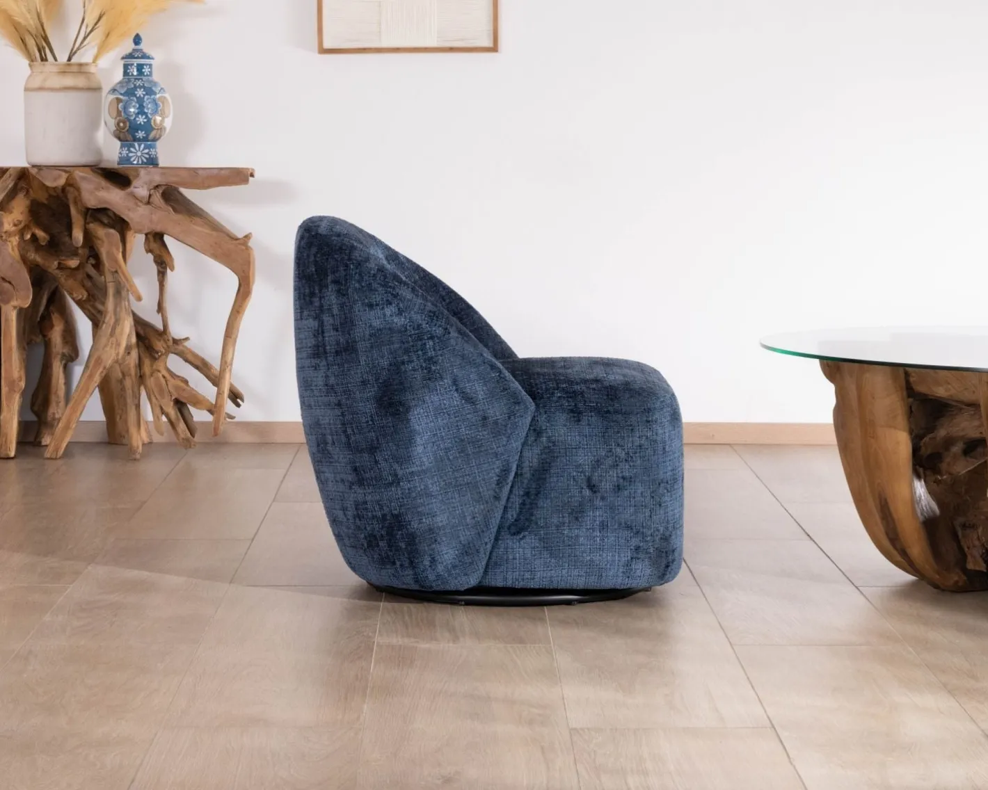 Sale Petit fauteuil d'appoint design épuré en tissu bleu nuit "Marylin" pivotant 360° Fauteuil
