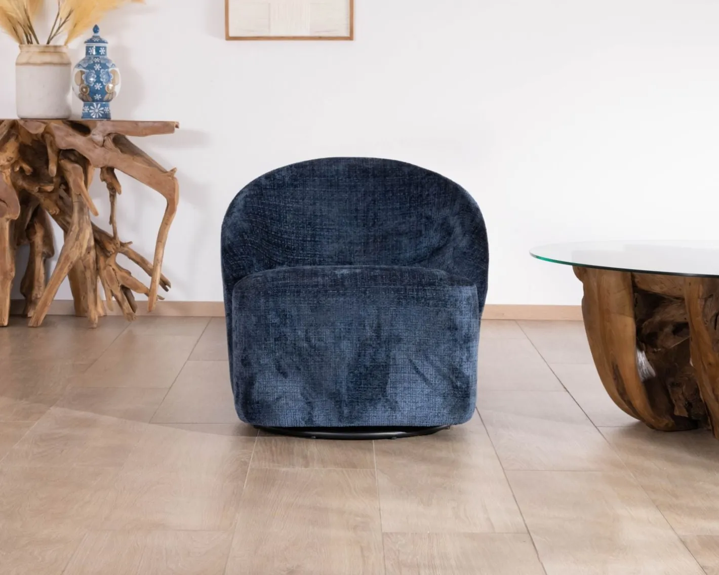 Sale Petit fauteuil d'appoint design épuré en tissu bleu nuit "Marylin" pivotant 360° Fauteuil