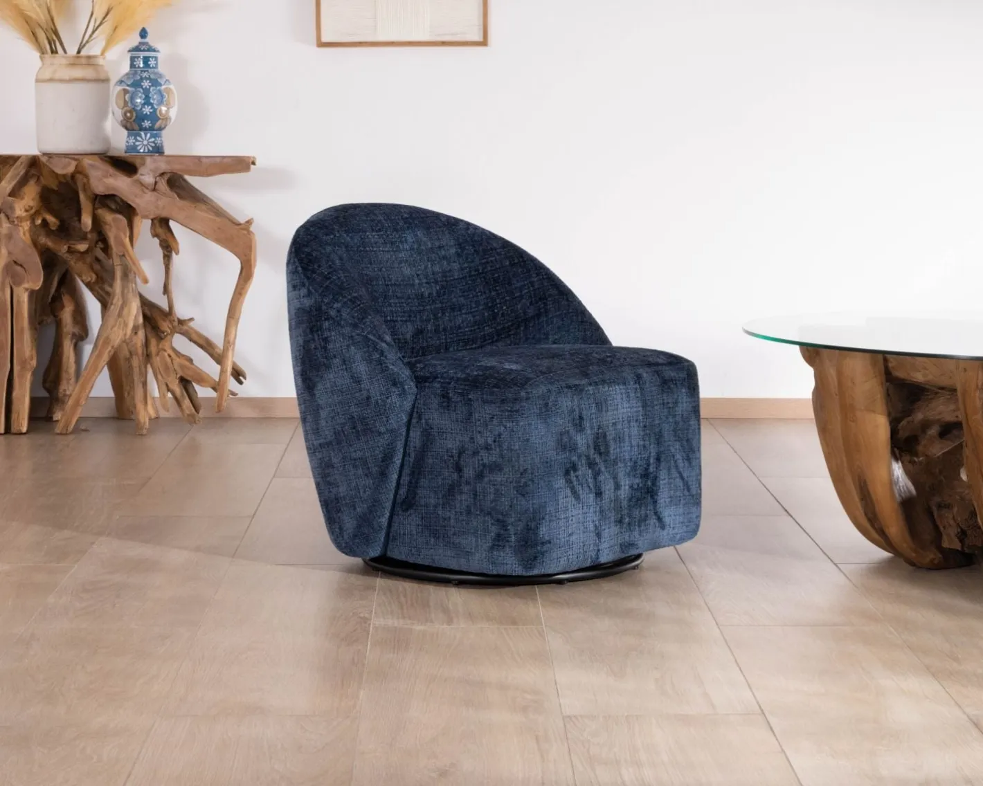 Sale Petit fauteuil d'appoint design épuré en tissu bleu nuit "Marylin" pivotant 360° Fauteuil