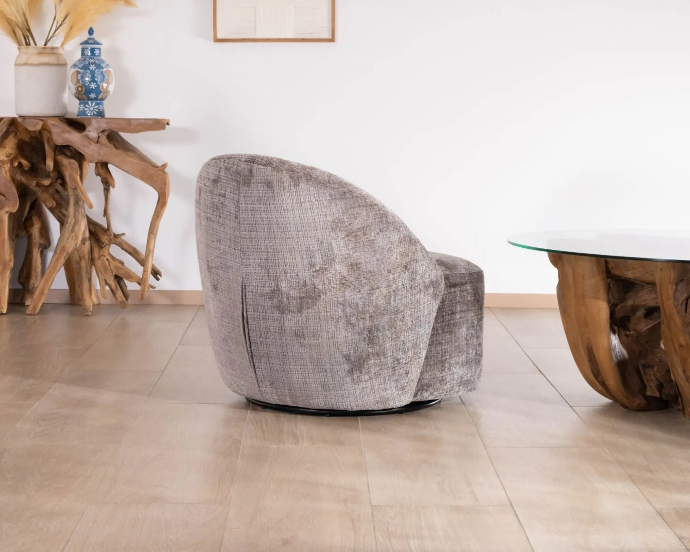 New Petit fauteuil pivotant esprit chauffeuse contemporaine en tissu bouclette gris cendré "Marylin" Fauteuil