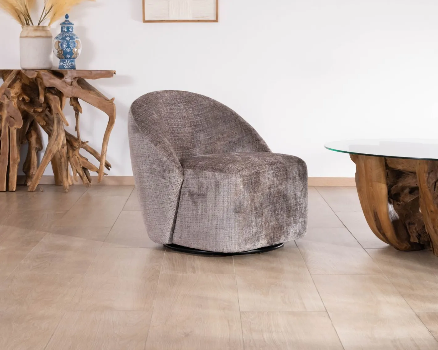 New Petit fauteuil pivotant esprit chauffeuse contemporaine en tissu bouclette gris cendré "Marylin" Fauteuil