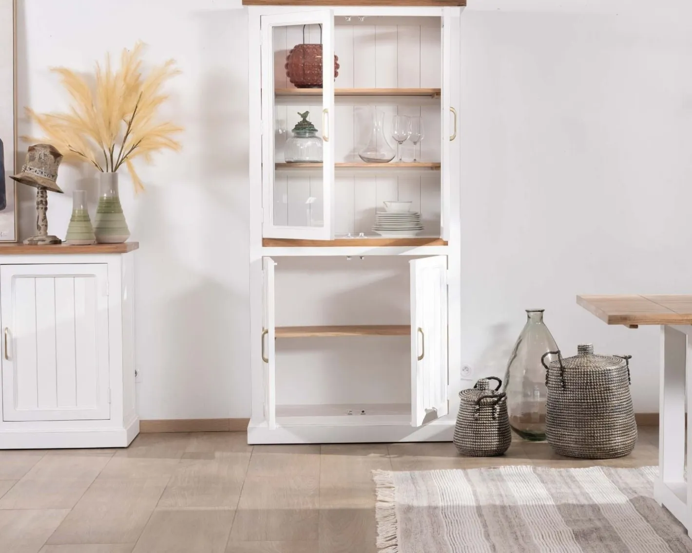 Clearance Petit vaisselier blanc en acacia avec portes vitrées "Trégastel" Vaisselier|Vitrine Et Argentier