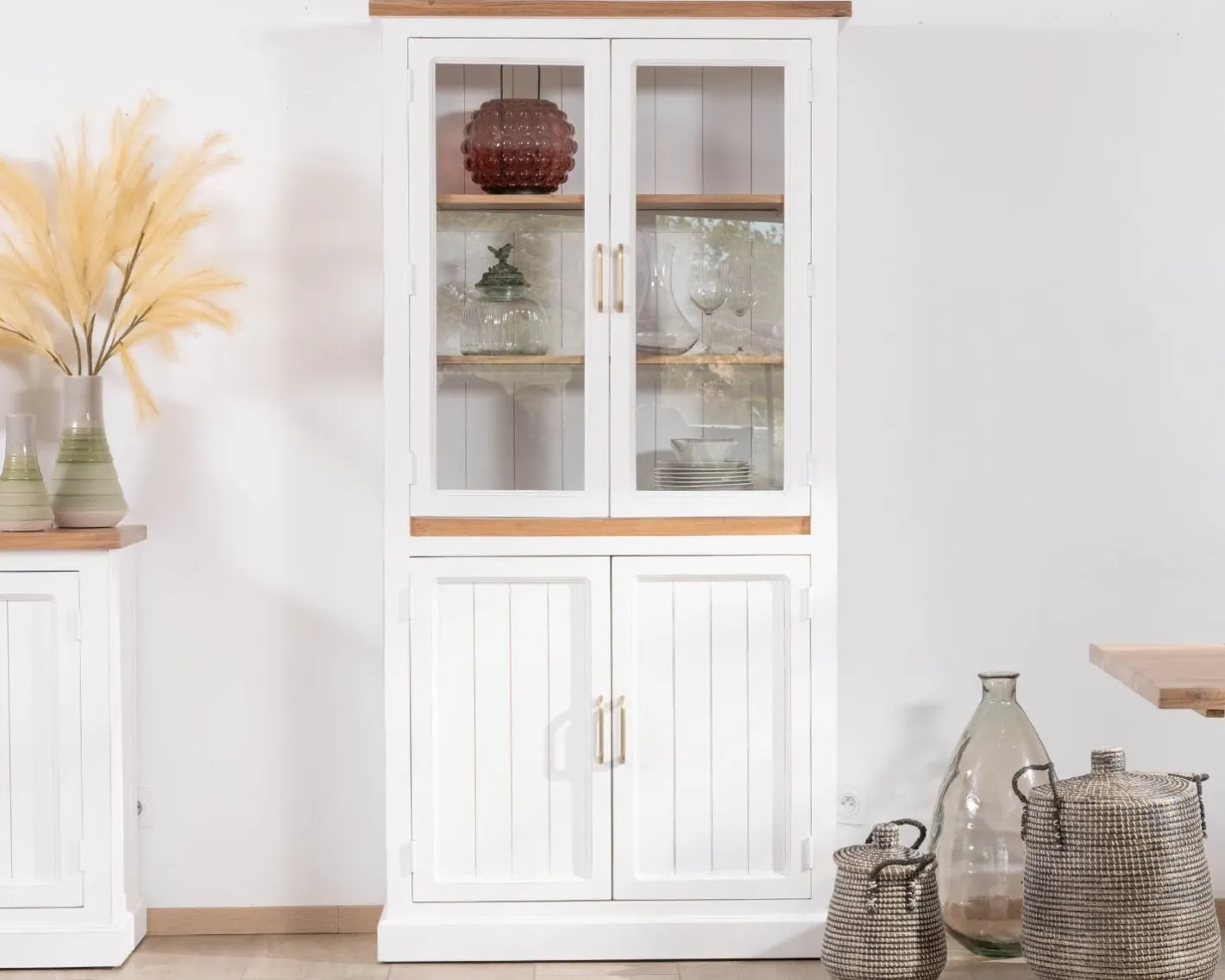 Clearance Petit vaisselier blanc en acacia avec portes vitrées "Trégastel" Vaisselier|Vitrine Et Argentier