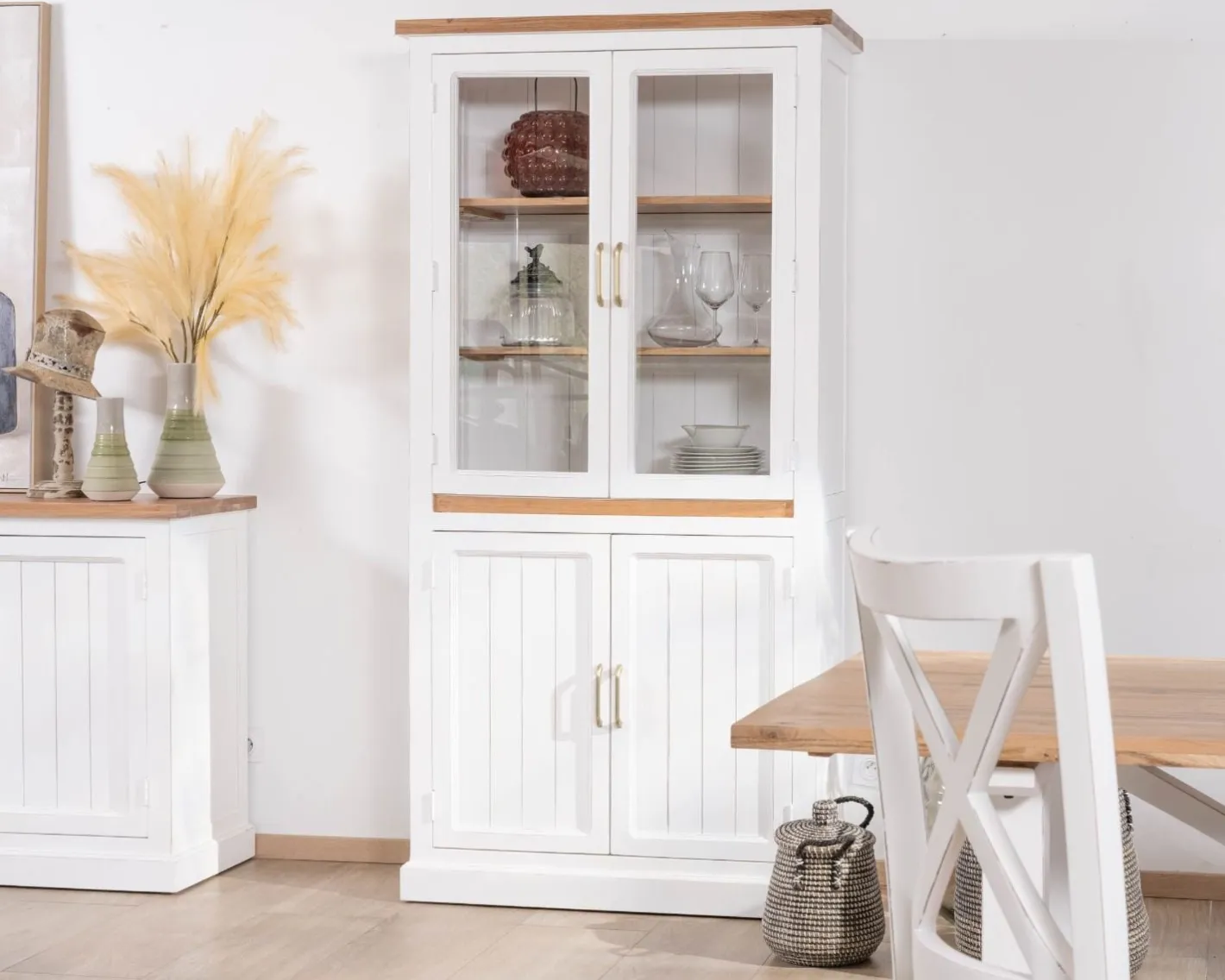 Clearance Petit vaisselier blanc en acacia avec portes vitrées "Trégastel" Vaisselier|Vitrine Et Argentier