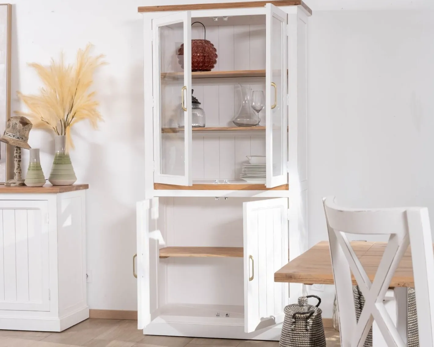 Clearance Petit vaisselier blanc en acacia avec portes vitrées "Trégastel" Vaisselier|Vitrine Et Argentier