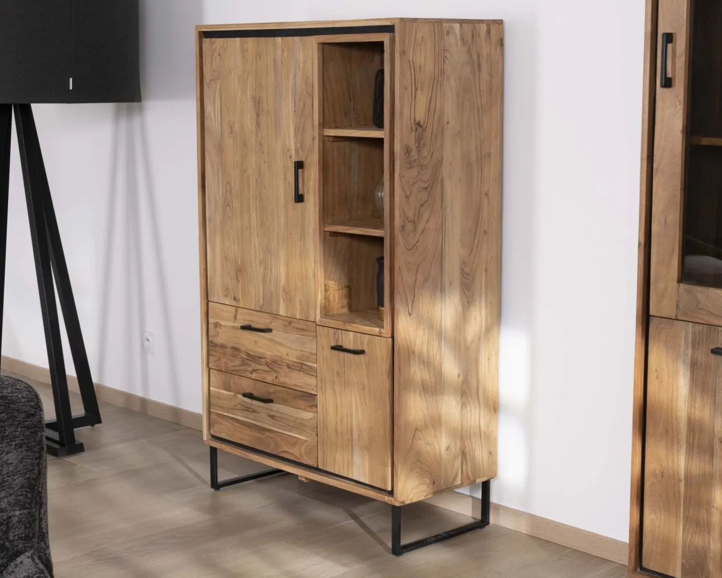 Sale Petit vaisselier en acacia avec portes, niches et tiroirs "Baltik" style industriel Vaisselier|Buffet Et Bahut