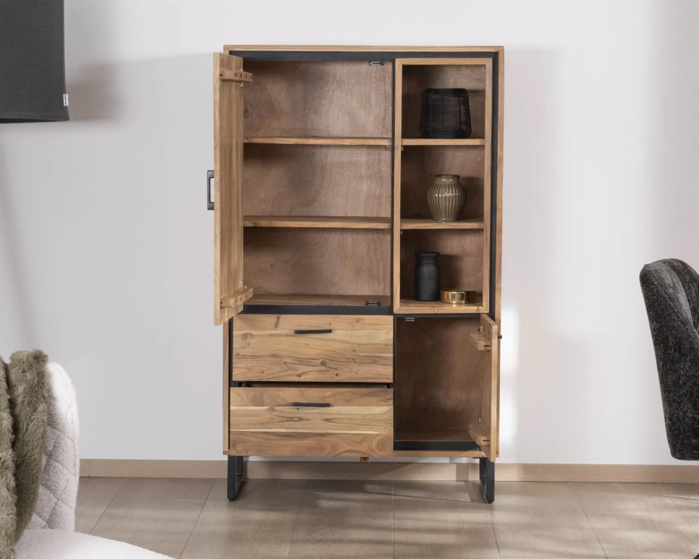 Sale Petit vaisselier en acacia avec portes, niches et tiroirs "Baltik" style industriel Vaisselier|Buffet Et Bahut