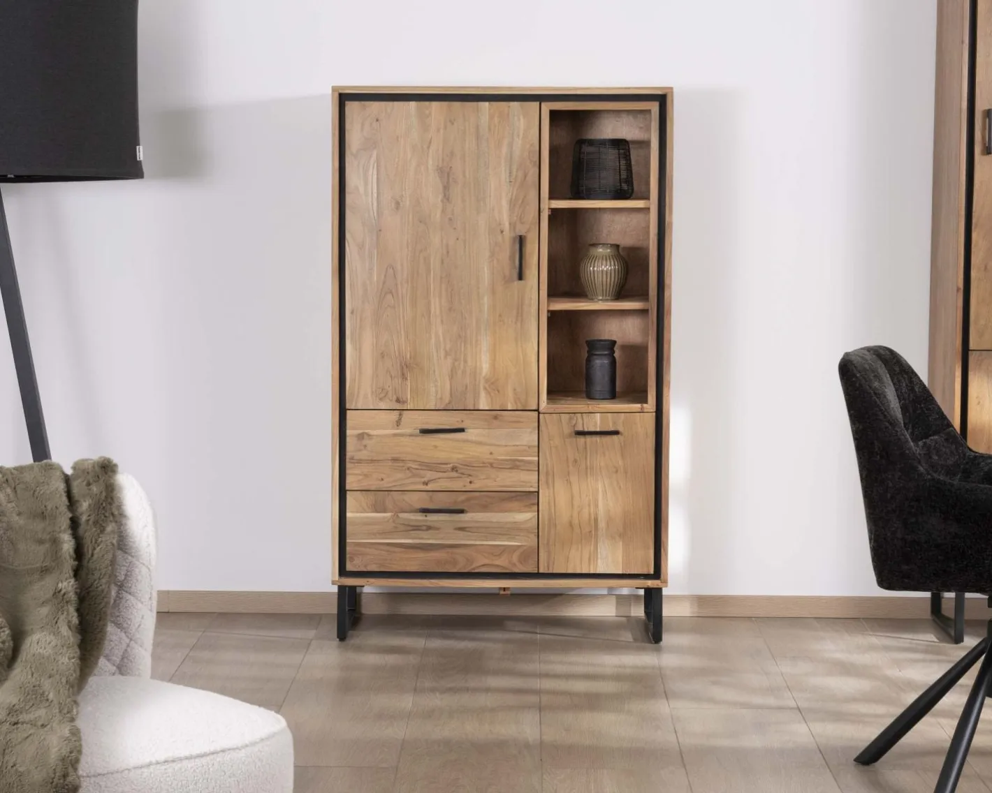 Sale Petit vaisselier en acacia avec portes, niches et tiroirs "Baltik" style industriel Vaisselier|Buffet Et Bahut