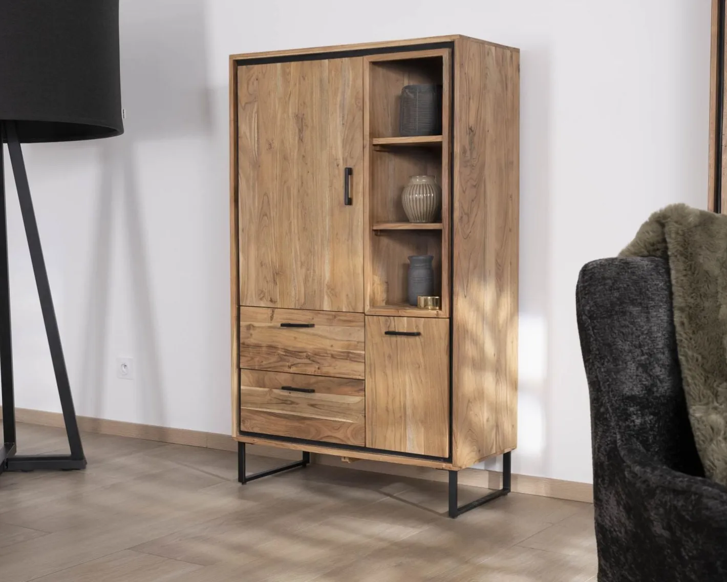Sale Petit vaisselier en acacia avec portes, niches et tiroirs "Baltik" style industriel Vaisselier|Buffet Et Bahut
