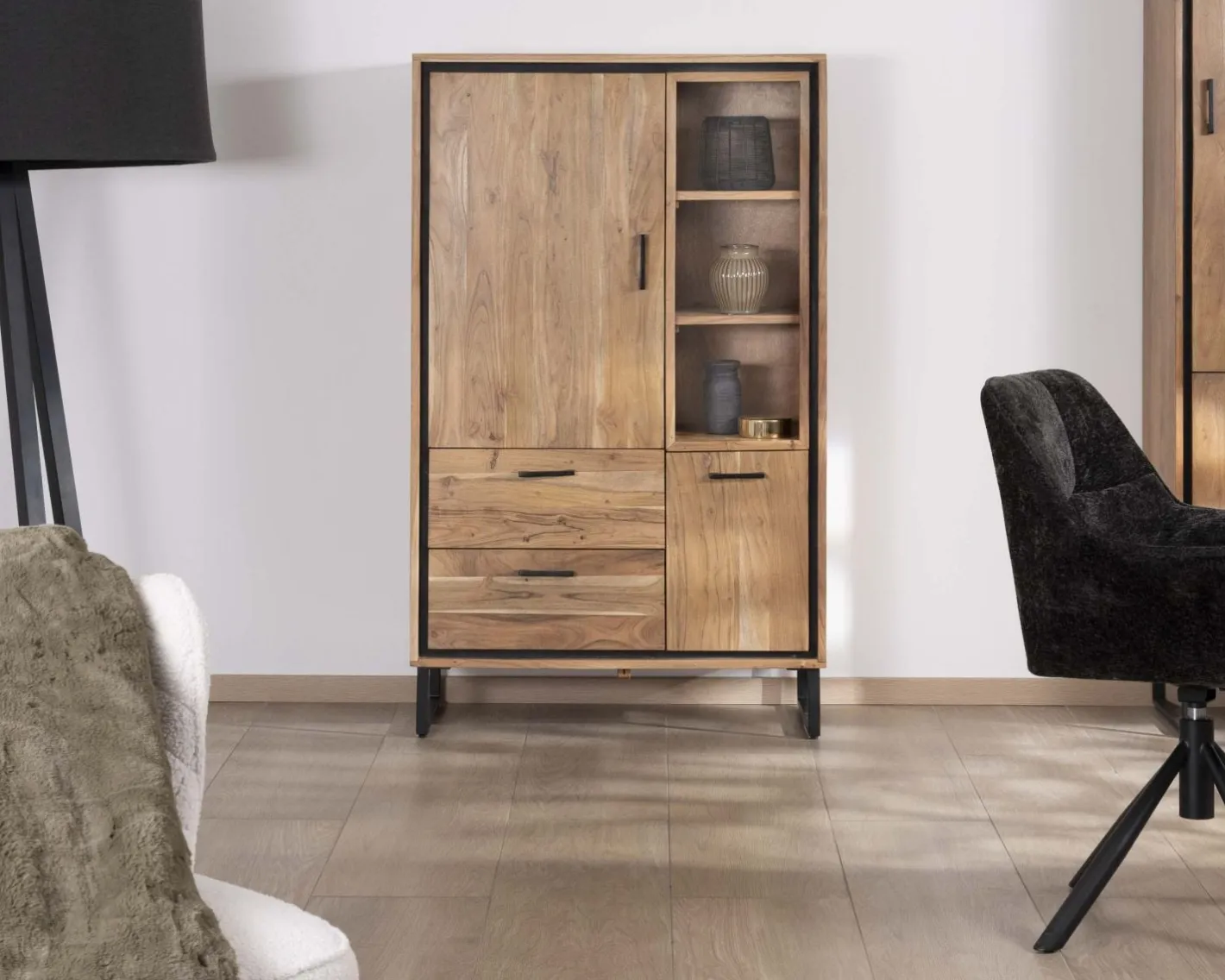 Sale Petit vaisselier en acacia avec portes, niches et tiroirs "Baltik" style industriel Vaisselier|Buffet Et Bahut