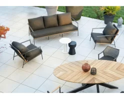 Hot Salon de jardin 3 pièces en aluminium, teck et tissu spécial extérieur gris foncé 