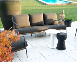 Hot Salon de jardin 3 pièces en aluminium, teck et tissu spécial extérieur gris foncé 